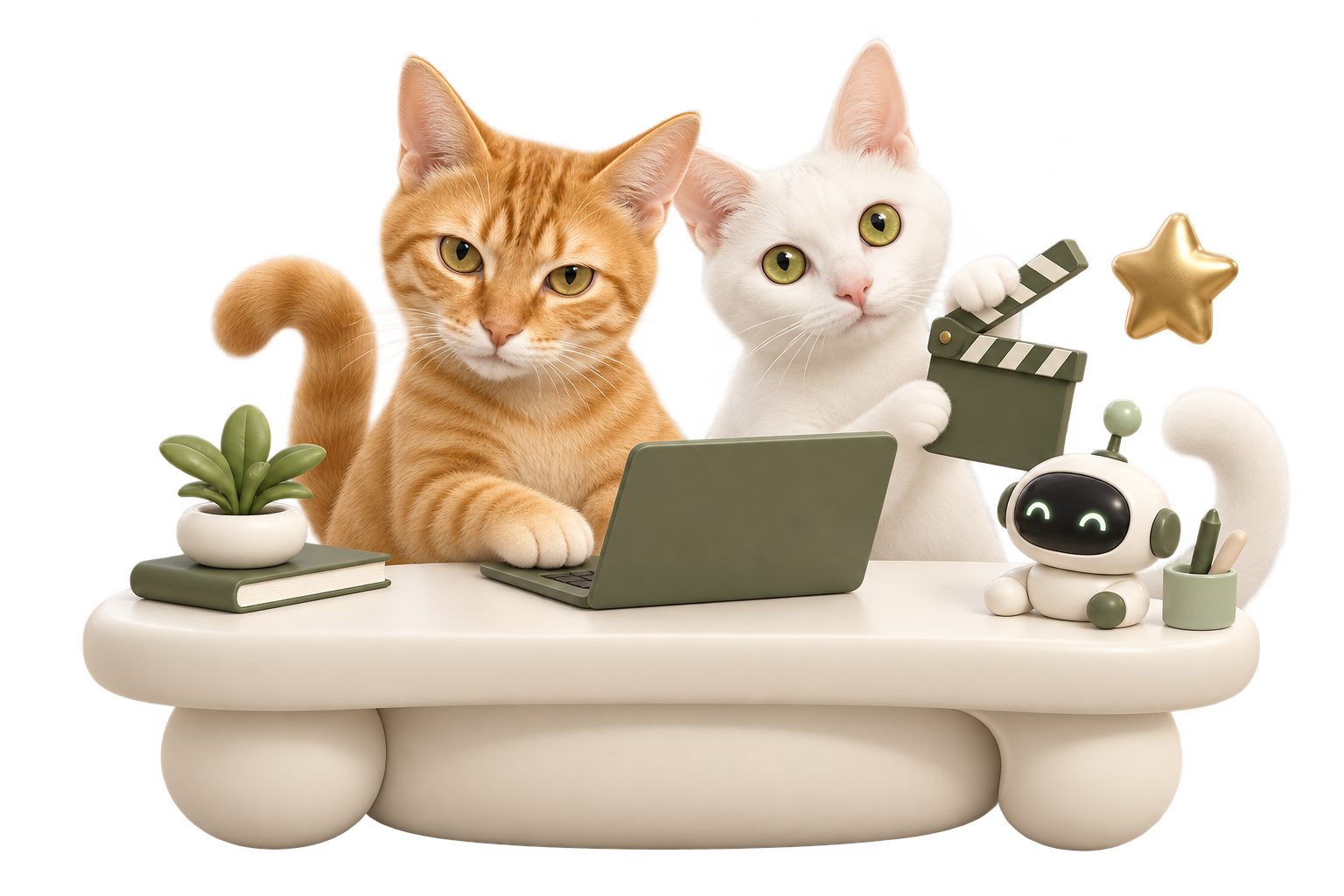 根据办公室白猫和橘猫照片制作的双猫创作室插画